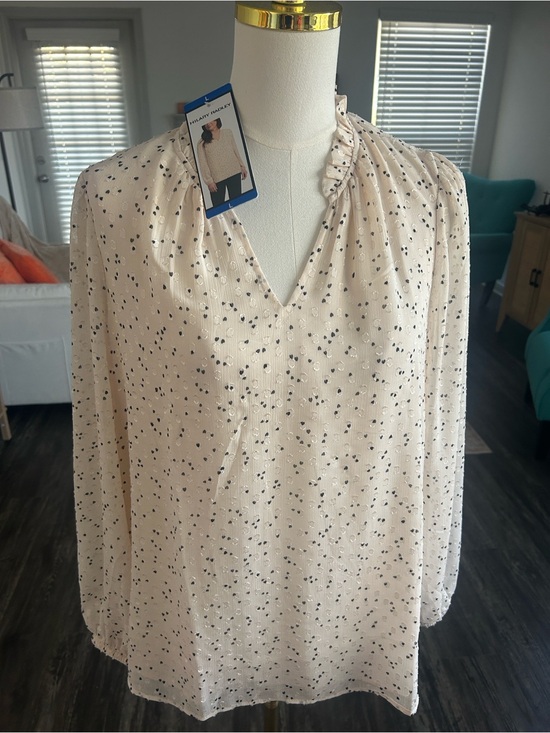Hilary Radley Tops - Hilary Radley Cream V-Neck Long-Sleeve Blouse with Black Dot Print